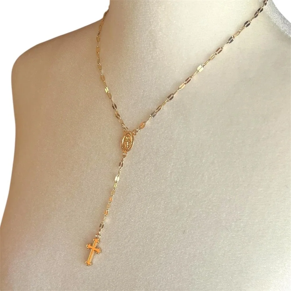 Beautiful Gold Tone Rosary Bead Necklace With Cross  - adjustable length chain